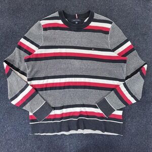 Tommy Hilfiger Sweater Mens XL Black Red White Striped Crewneck Pullover Classic